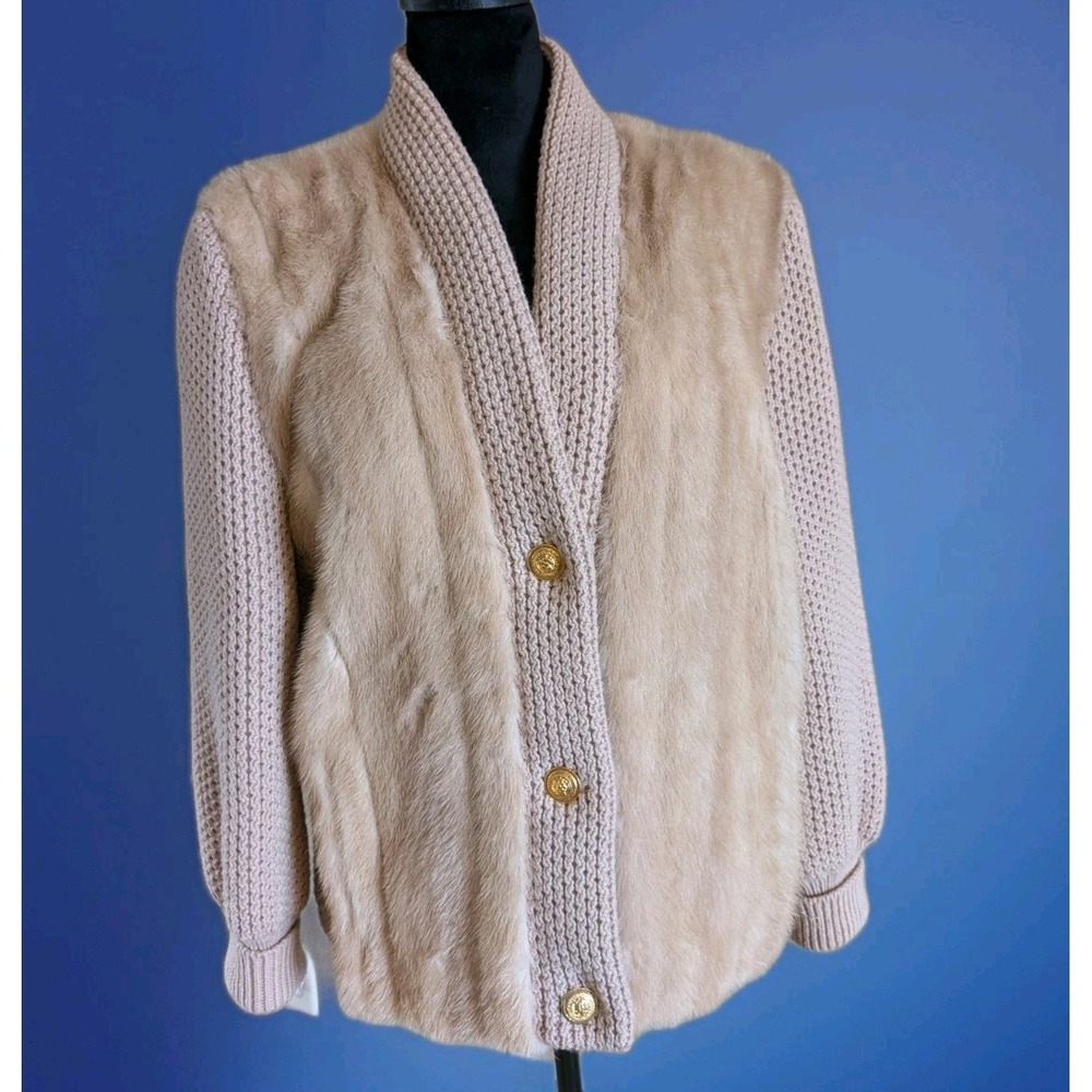 Real Mink Fur Knit Coat Quiet Luxury  Beige Winterwear Button Front Sweater EUC